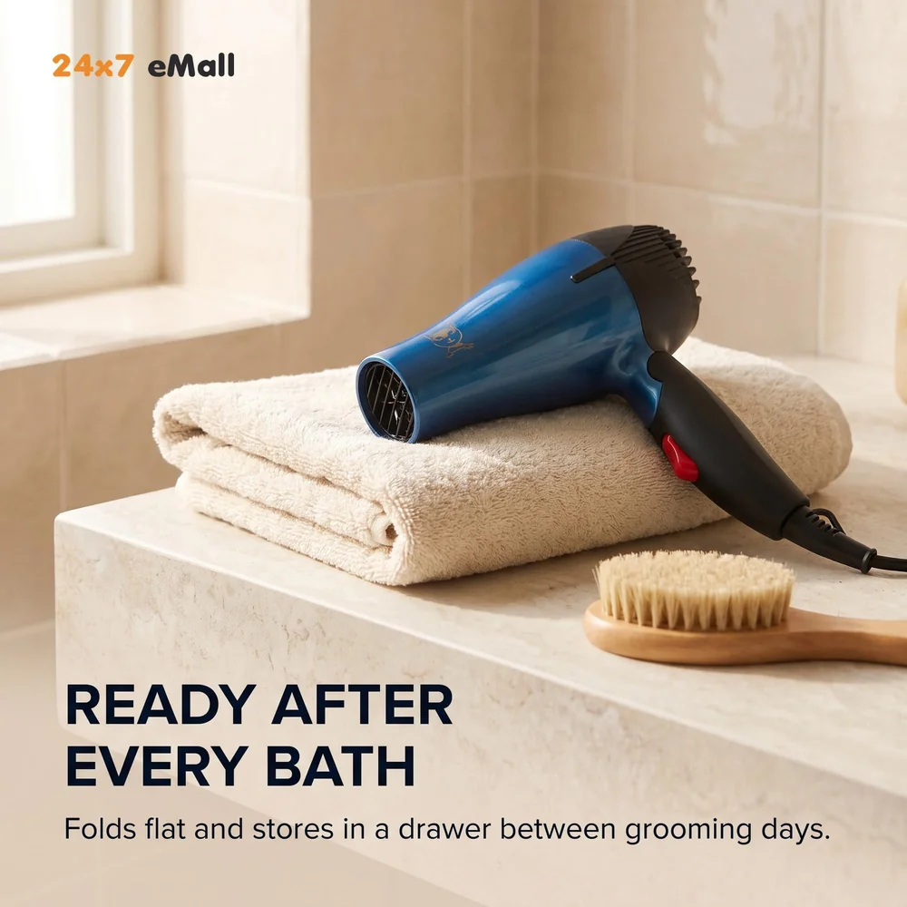 Pet 1500 Watts Hair Dryer Dog Cat Bath Wet Water Fast Drying Grooming Blower Made Specially For Pets Fur 2 Settings With Attachment And Plug Foldable Design-Blue