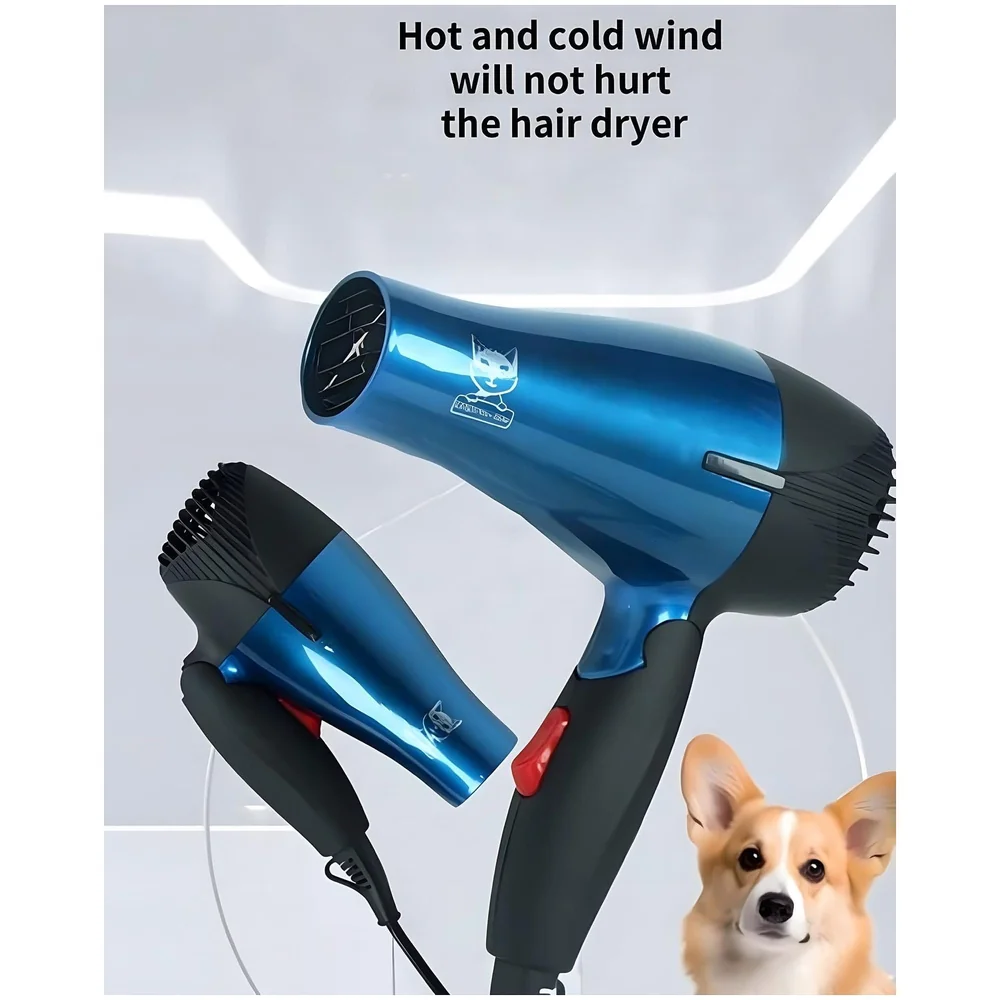 Pet 1500 Watts Hair Dryer Dog Cat Bath Wet Water Fast Drying Grooming Blower Made Specially For Pets Fur 2 Settings With Attachment And Plug Foldable Design-Blue