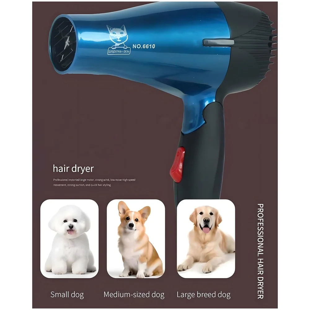 Pet 1500 Watts Hair Dryer Dog Cat Bath Wet Water Fast Drying Grooming Blower Made Specially For Pets Fur 2 Settings With Attachment And Plug Foldable Design-Blue