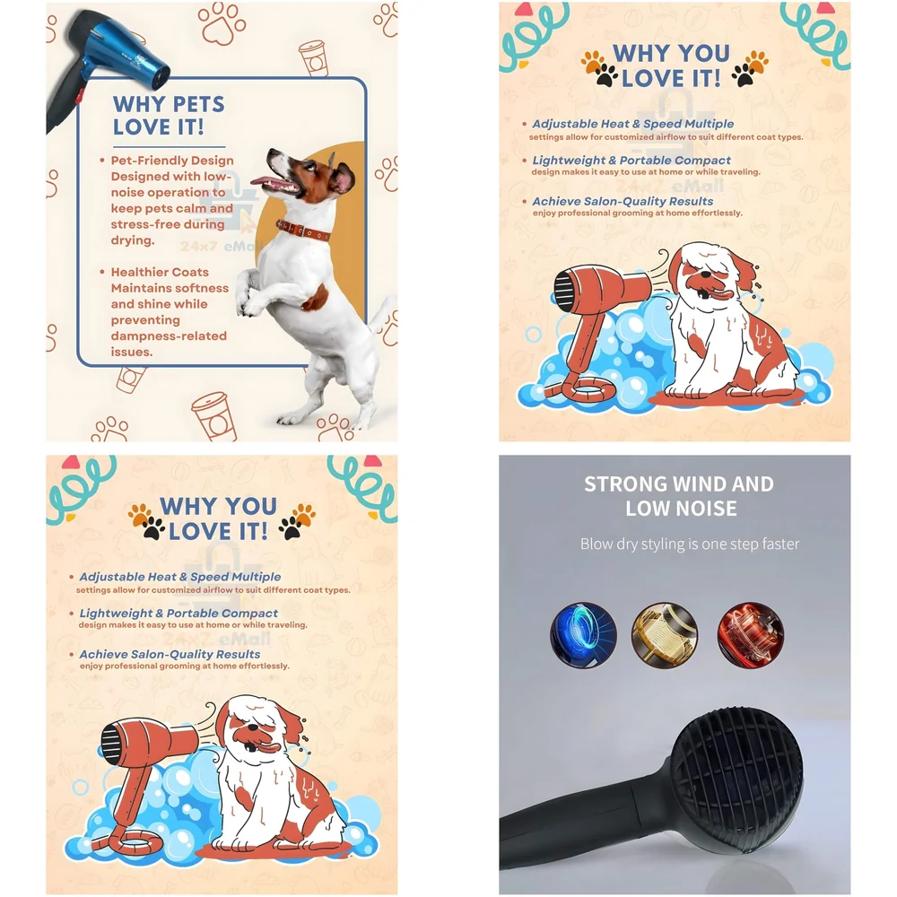 Pet 1500 Watts Hair Dryer Dog Cat Bath Wet Water Fast Drying Grooming Blower Made Specially For Pets Fur 2 Settings With Attachment And Plug Foldable Design-Blue