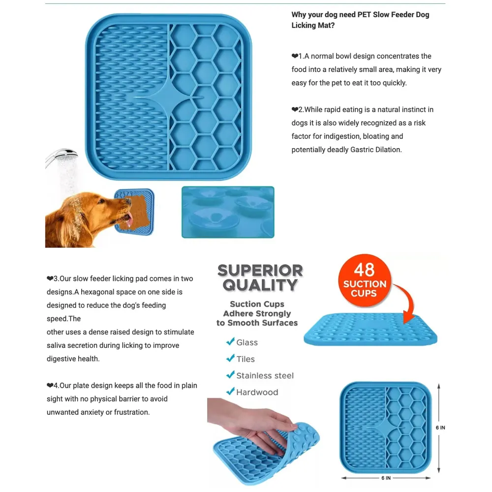Pet Lick Mat Licking Pad Mats for Dog Cat, Food-Grade Silicone, Dog Food Mat with Suction Cup, Slow Feeding Mat Blue 6 Inch