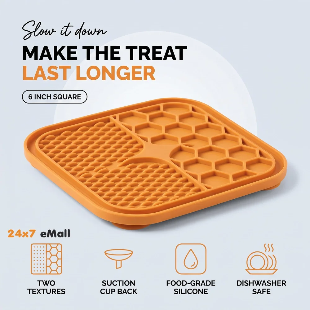 Pet Lick Mat Licking Pad Mats for Dog Cat, Food-Grade Silicone, Dog Food Mat with Suction Cup, Slow Feeding Mat Orange - (Lick mat pet Orange)