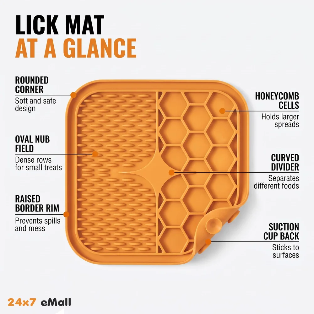 Pet Lick Mat Licking Pad Mats for Dog Cat, Food-Grade Silicone, Dog Food Mat with Suction Cup, Slow Feeding Mat Orange - (Lick mat pet Orange)