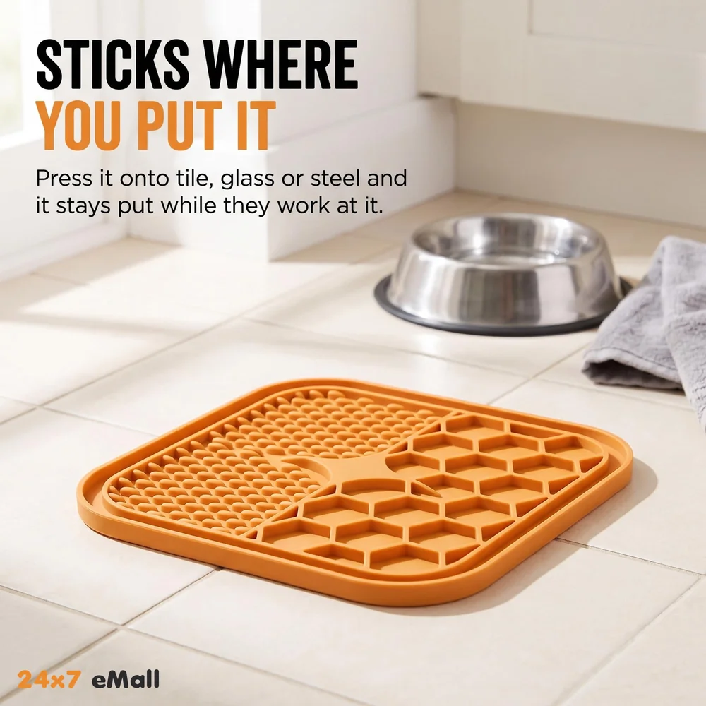 Pet Lick Mat Licking Pad Mats for Dog Cat, Food-Grade Silicone, Dog Food Mat with Suction Cup, Slow Feeding Mat Orange - (Lick mat pet Orange)