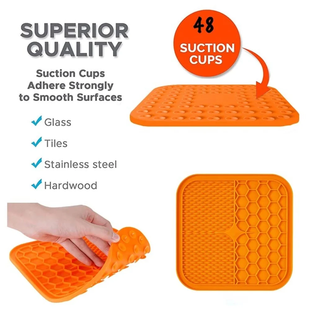 Pet Lick Mat Licking Pad Mats for Dog Cat, Food-Grade Silicone, Dog Food Mat with Suction Cup, Slow Feeding Mat Orange - (Lick mat pet Orange)