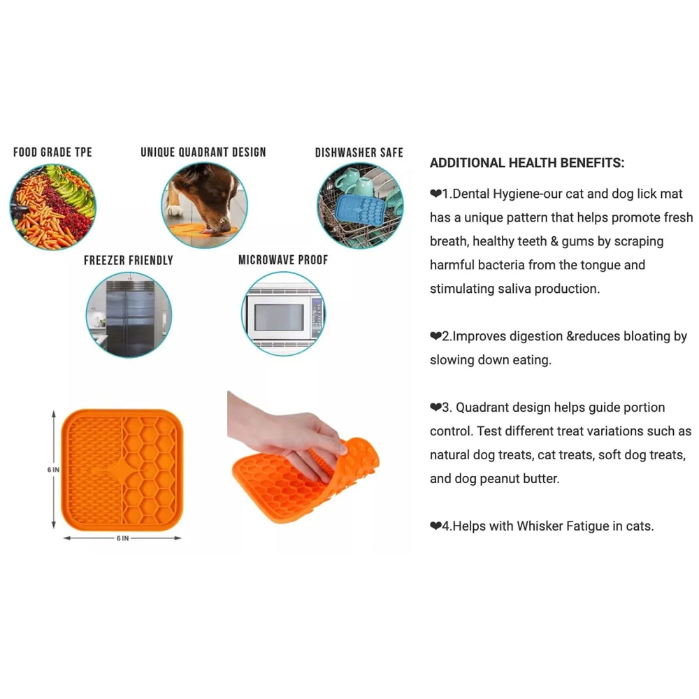 Pet Lick Mat Licking Pad Mats for Dog Cat, Food-Grade Silicone, Dog Food Mat with Suction Cup, Slow Feeding Mat Orange - (Lick mat pet Orange)