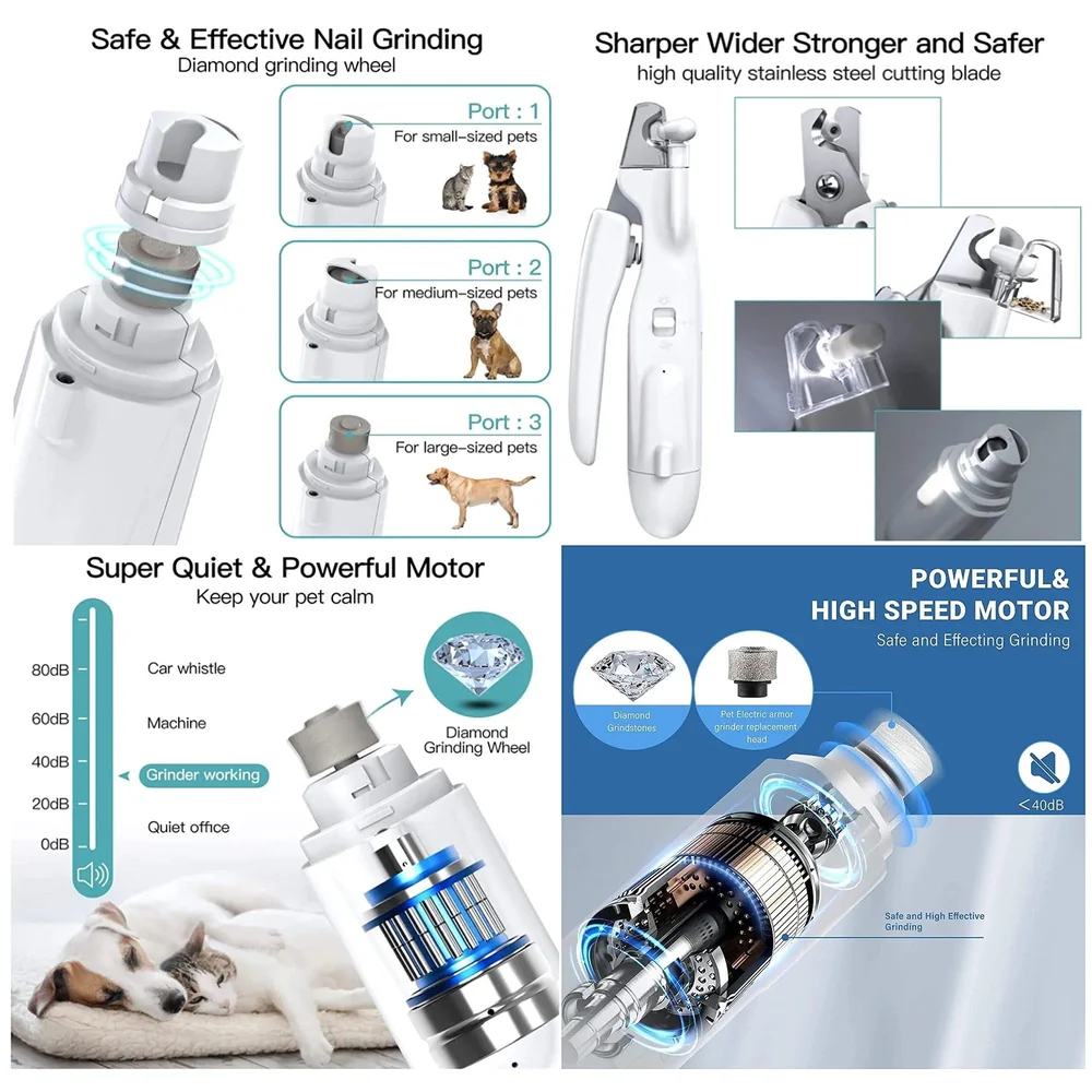 Pet Nail Grinder Automatic Pet Grooming Kit 2-in-1 and LED-Illuminated Dog Nail Clippers Low Noise Rechargeable Trimmer for Small, Medium, and Big Dogs and Cats
