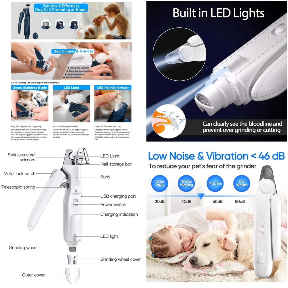 Pet Nail Grinder Automatic Pet Grooming Kit 2-in-1 and LED-Illuminated Dog Nail Clippers Low Noise Rechargeable Trimmer for Small, Medium, and Big Dogs and Cats