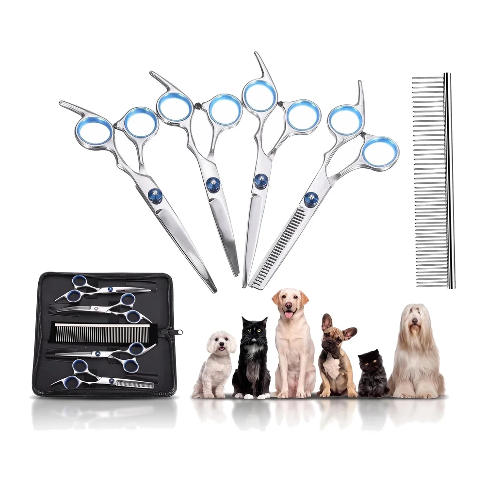 5 Scissors Pet Grooming Kit With Carry Case And Comb, 1 Straight Edge Hair Scissor, 1 Texturizing Thinning, 1 Upwards Curved, 1 Down Curved And 1 Comb All Stainless Steel, For Dogs And Cats