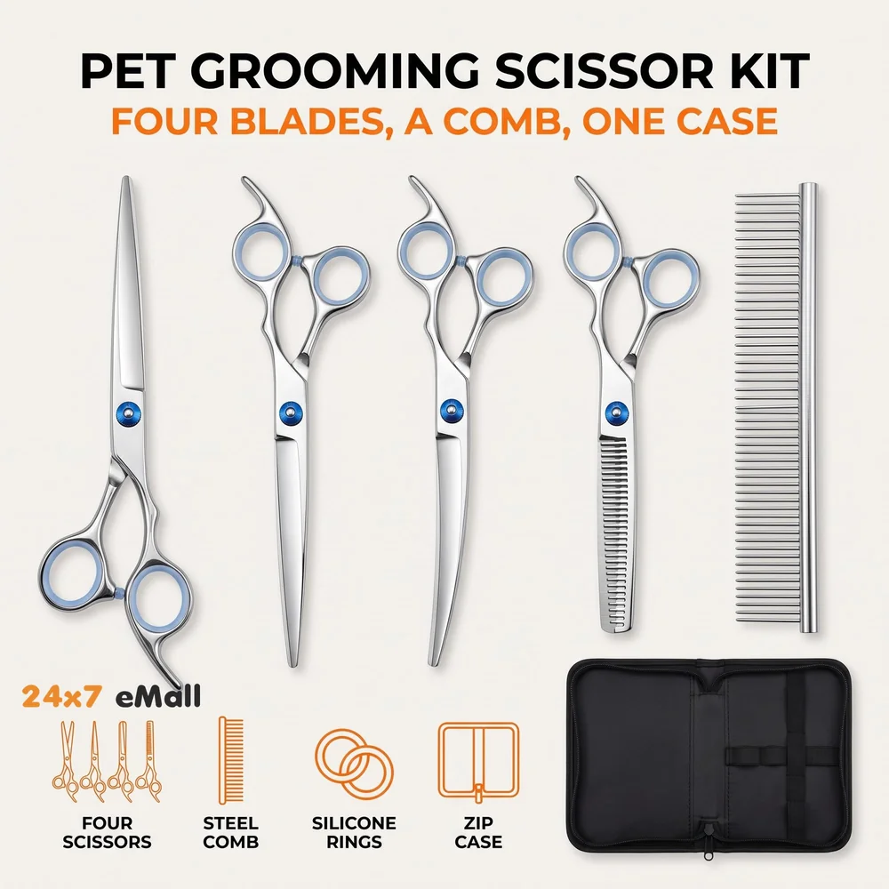 5 Scissors Pet Grooming Kit With Carry Case And Comb, 1 Straight Edge Hair Scissor, 1 Texturizing Thinning, 1 Upwards Curved, 1 Down Curved And 1 Comb All Stainless Steel, For Dogs And Cats