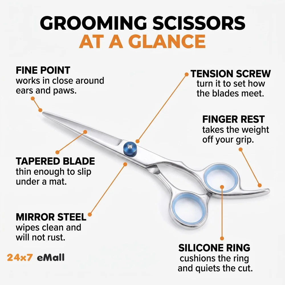 5 Scissors Pet Grooming Kit With Carry Case And Comb, 1 Straight Edge Hair Scissor, 1 Texturizing Thinning, 1 Upwards Curved, 1 Down Curved And 1 Comb All Stainless Steel, For Dogs And Cats