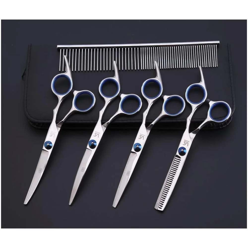 5 Scissors Pet Grooming Kit With Carry Case And Comb, 1 Straight Edge Hair Scissor, 1 Texturizing Thinning, 1 Upwards Curved, 1 Down Curved And 1 Comb All Stainless Steel, For Dogs And Cats