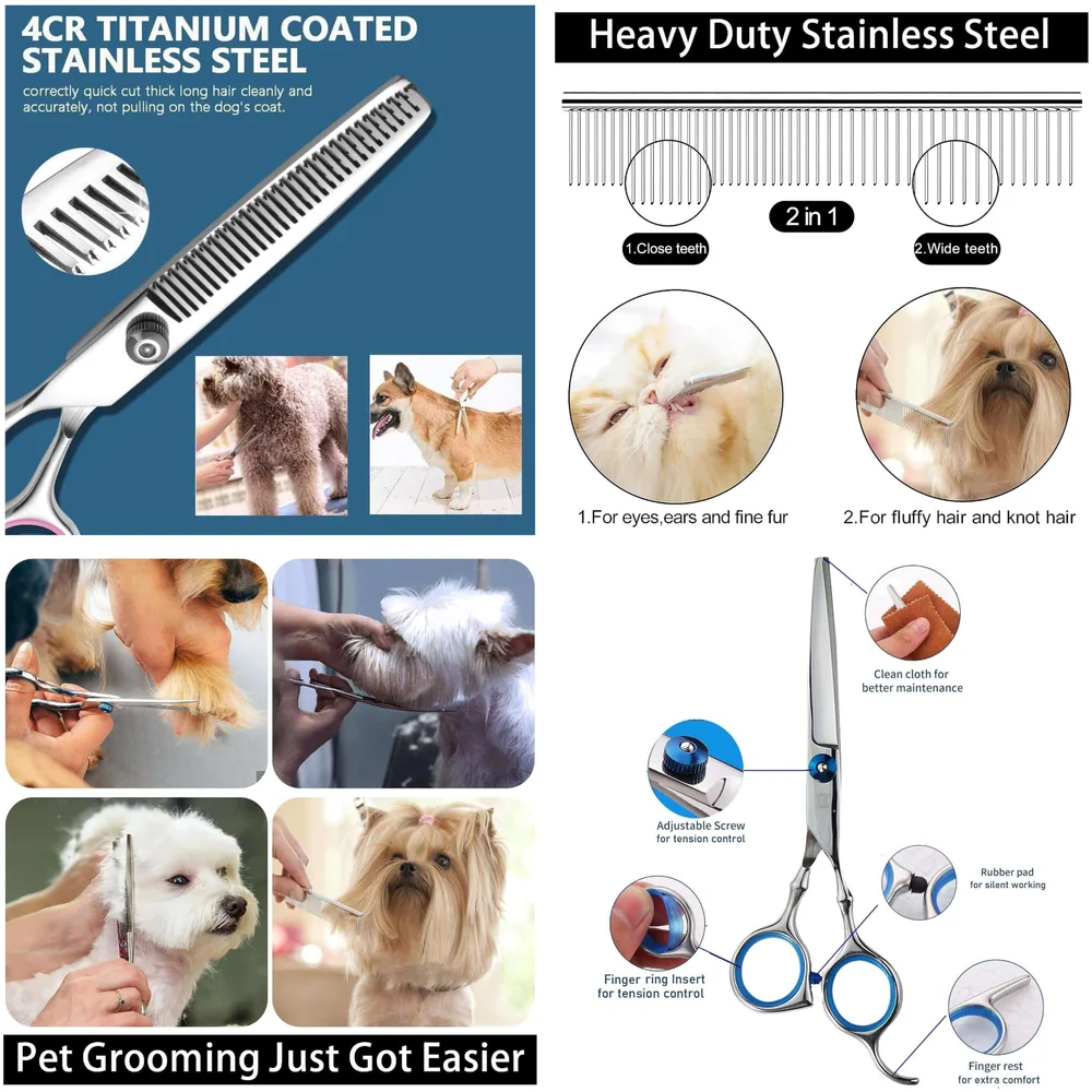 5 Scissors Pet Grooming Kit With Carry Case And Comb, 1 Straight Edge Hair Scissor, 1 Texturizing Thinning, 1 Upwards Curved, 1 Down Curved And 1 Comb All Stainless Steel, For Dogs And Cats