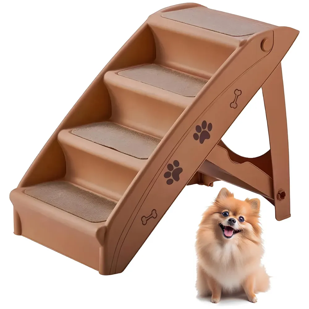 Pet Bed Stairs and Ramp, Vehicle Car Folding Dog Cat Pet Plastic 4 Step Stairs 76 x 38 x 12.5 cm, Brown
