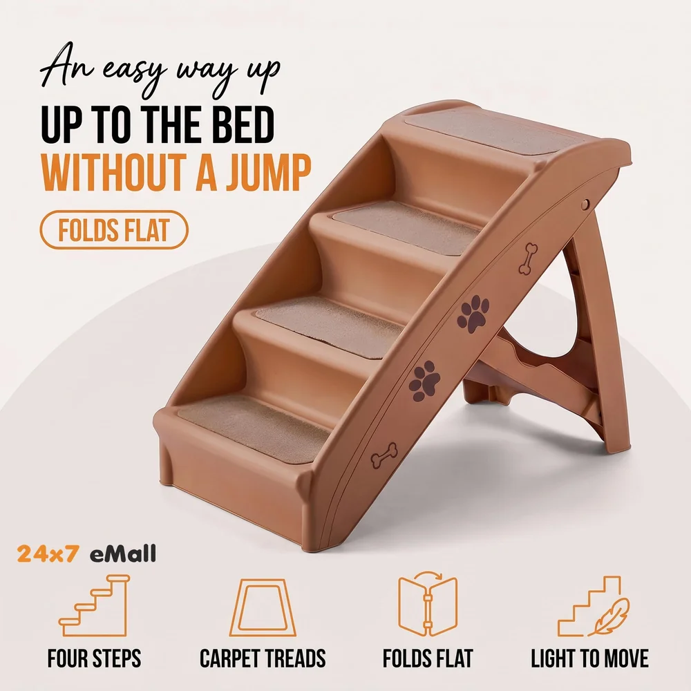 Pet Bed Stairs and Ramp, Vehicle Car Folding Dog Cat Pet Plastic 4 Step Stairs 76 x 38 x 12.5 cm, Brown