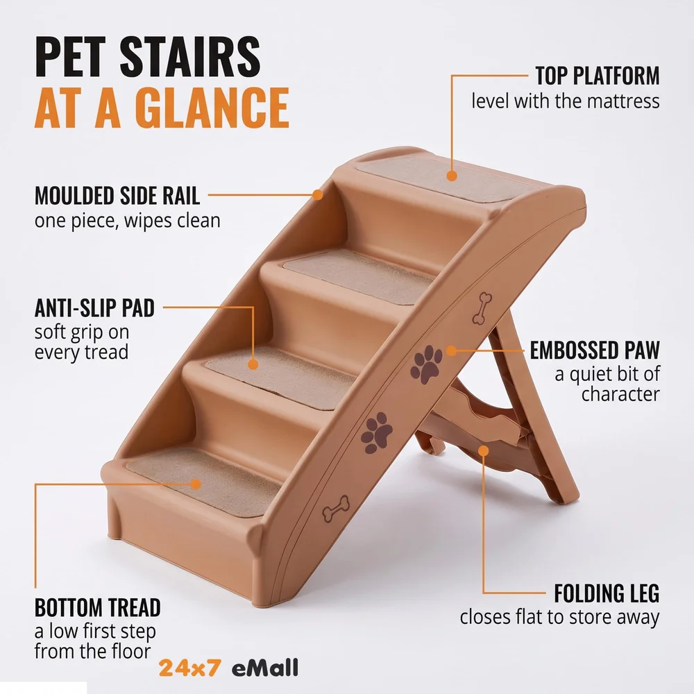 Pet Bed Stairs and Ramp, Vehicle Car Folding Dog Cat Pet Plastic 4 Step Stairs 76 x 38 x 12.5 cm, Brown