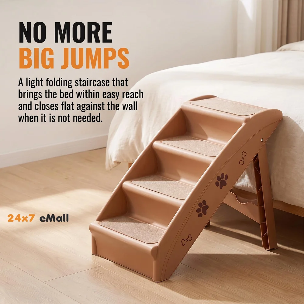 Pet Bed Stairs and Ramp, Vehicle Car Folding Dog Cat Pet Plastic 4 Step Stairs 76 x 38 x 12.5 cm, Brown