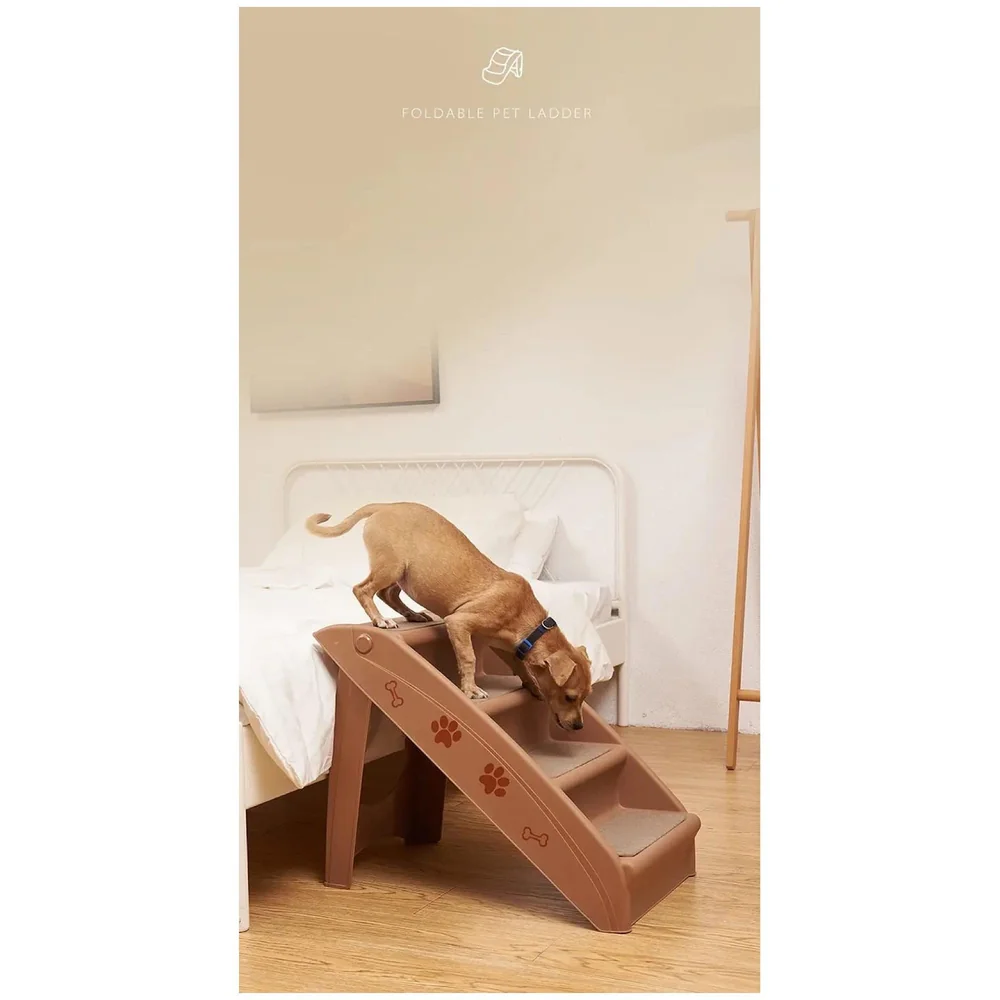 Pet Bed Stairs and Ramp, Vehicle Car Folding Dog Cat Pet Plastic 4 Step Stairs 76 x 38 x 12.5 cm, Brown