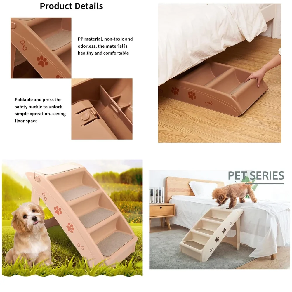 Pet Bed Stairs and Ramp, Vehicle Car Folding Dog Cat Pet Plastic 4 Step Stairs 76 x 38 x 12.5 cm, Brown