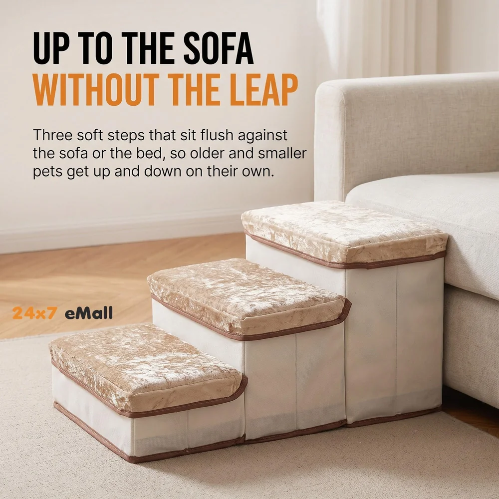 Pet Stairs and Ramp Soft Fabric 3 Step 59 x 30 x 35 cm Storage