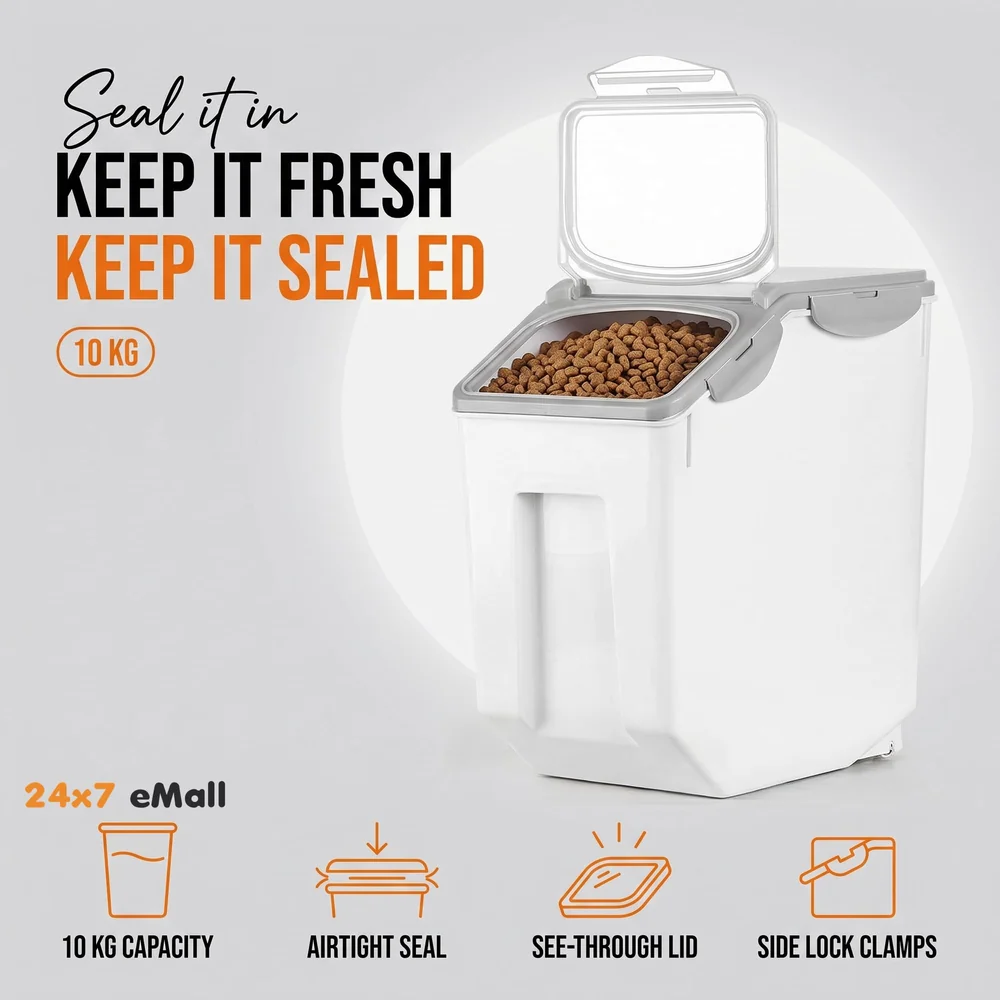 Pet Food Container Storage Airtight Box 10 kgs Capacity Dog Food Container with Translucent Lid Grooved Handle and Clamshell Design for Easy Use Food Bin 25 cm H x 32.51 cm L x 22 cm