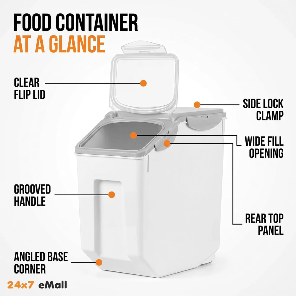 Pet Food Container Storage Airtight Box 10 kgs Capacity Dog Food Container with Translucent Lid Grooved Handle and Clamshell Design for Easy Use Food Bin 25 cm H x 32.51 cm L x 22 cm
