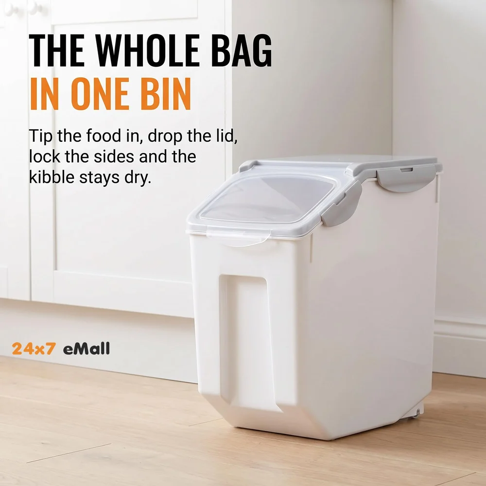 Pet Food Container Storage Airtight Box 10 kgs Capacity Dog Food Container with Translucent Lid Grooved Handle and Clamshell Design for Easy Use Food Bin 25 cm H x 32.51 cm L x 22 cm