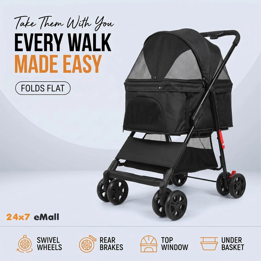 Pet Pram Stroller for Cats and Small Dogs Walks Folding Travel Carrier with Wheels, Black