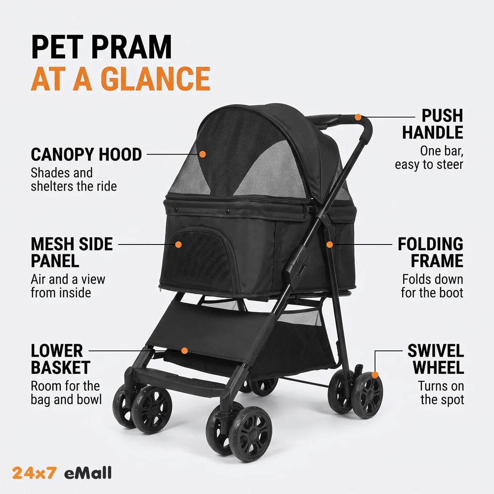 Pet Pram Stroller for Cats and Small Dogs Walks Folding Travel Carrier with Wheels, Black