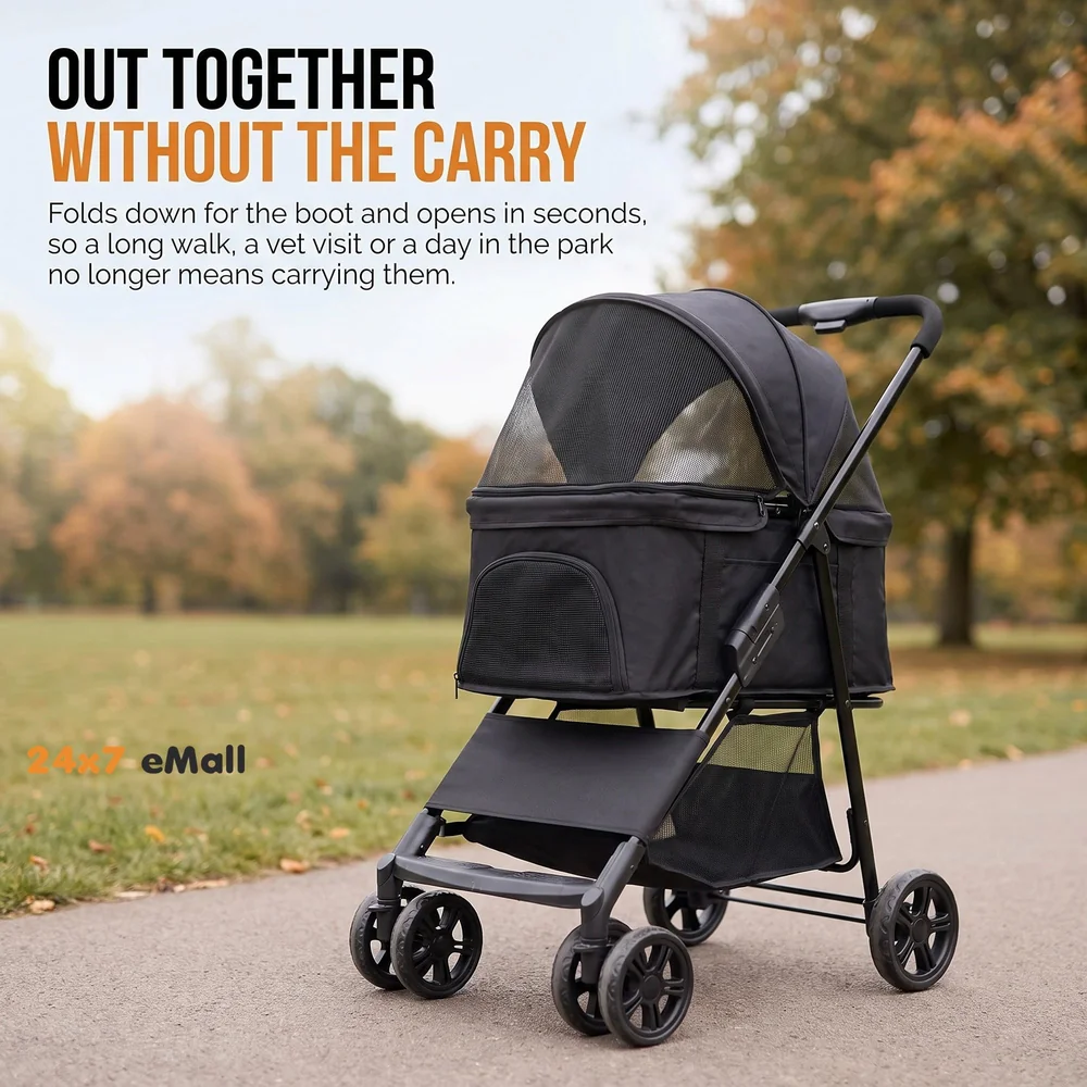 Pet Pram Stroller for Cats and Small Dogs Walks Folding Travel Carrier with Wheels, Black