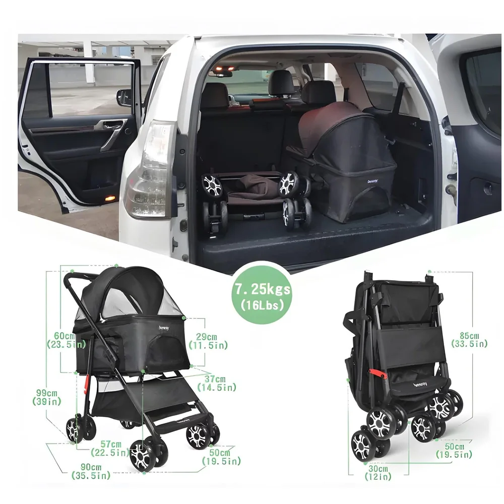 Pet Pram Stroller for Cats and Small Dogs Walks Folding Travel Carrier with Wheels, Black