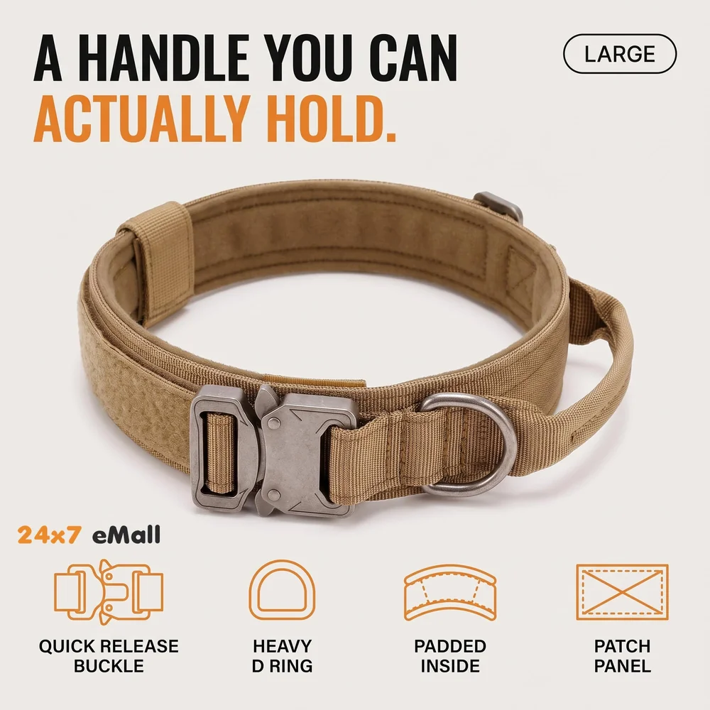 Dog Collar Adjustable Nylon Tactical Dog Collar Military Collar with Strap Handle Dog Training Collar Quick Release Metal Buckle (Large - 16-21 Inch)