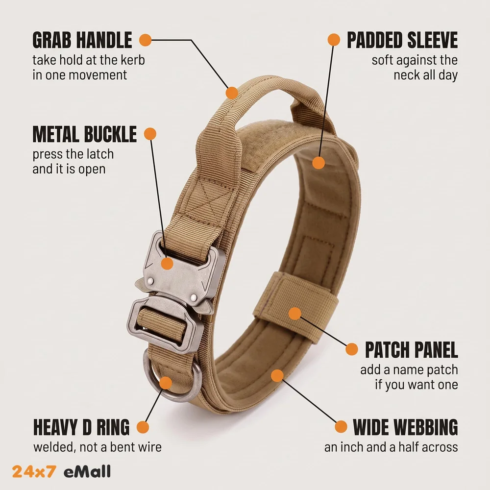 Dog Collar Adjustable Nylon Tactical Dog Collar Military Collar with Strap Handle Dog Training Collar Quick Release Metal Buckle (Large - 16-21 Inch)