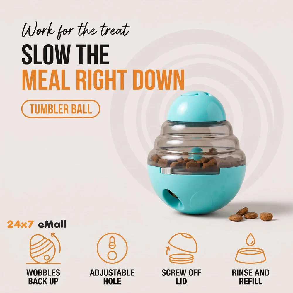 Dog Food Treat Dispenser Ball Toy, Interactive Puzzle Treat Ball, Slow Feeder Pet Food Treat Ball, Tumbler Design IQ Ball for Puppy, Cats, Dogs, and Pets Cyan