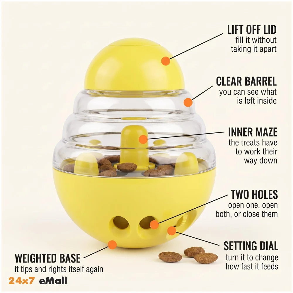Dog Treat Dispenser Ball Tumbler Slow Feeder IQ Puzzle Toy Yellow