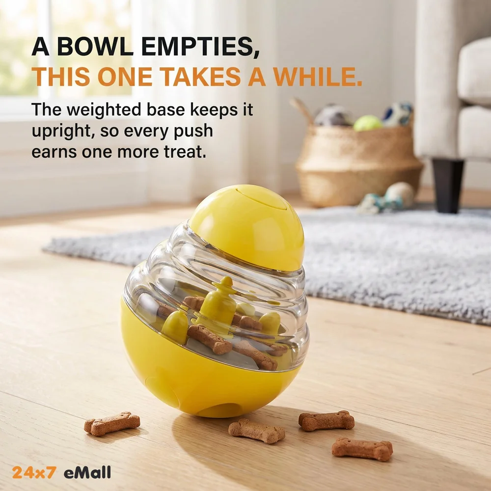 Dog Food Treat Dispenser Ball Toy, Interactive Puzzle Treat Ball, Slow Feeder Pet Food Treat Ball, Tumbler Design IQ Ball for Puppy, Cats, Dogs, and Pets Yellow