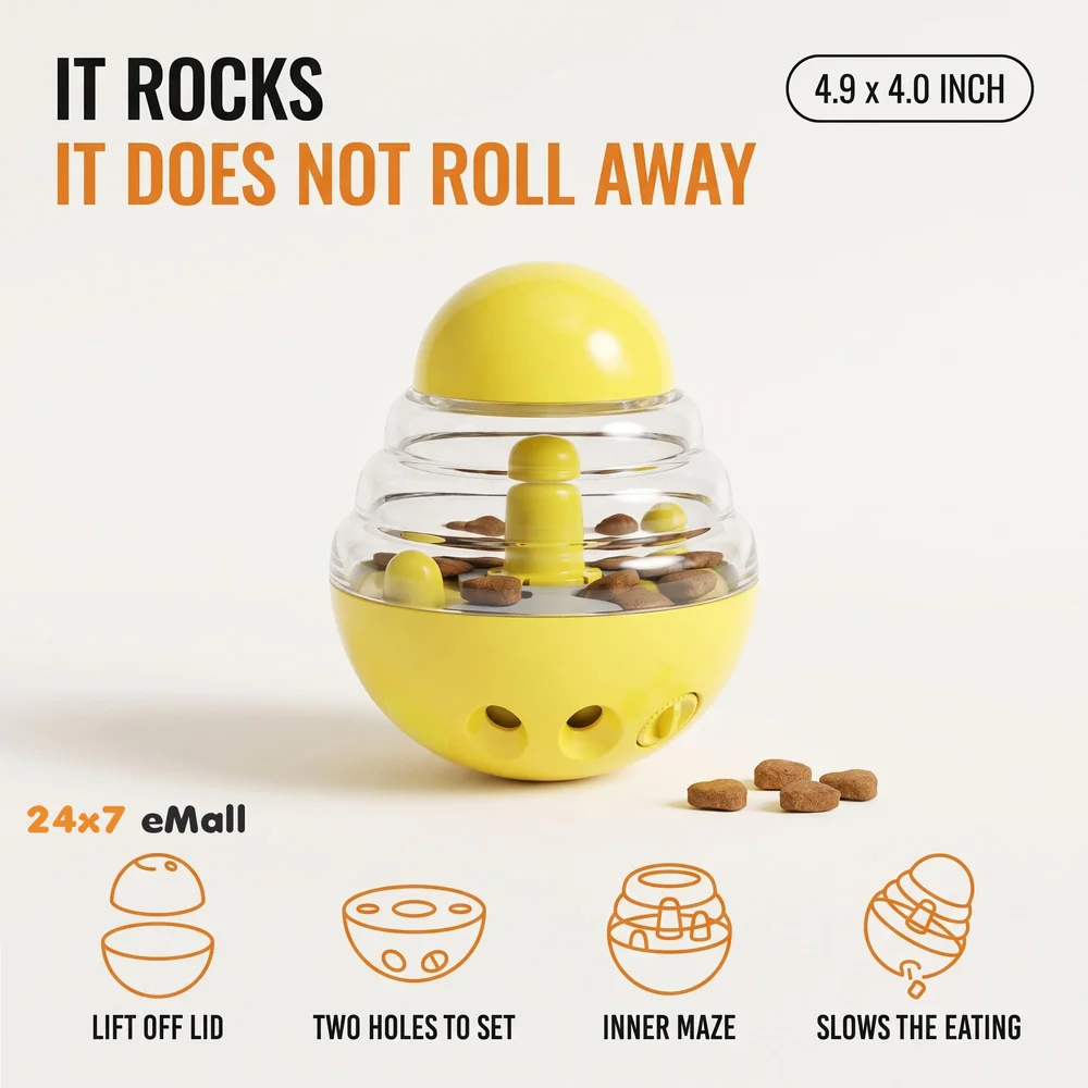 Dog Food Treat Dispenser Ball Toy, Interactive Puzzle Treat Ball, Slow Feeder Pet Food Treat Ball, Tumbler Design IQ Ball for Puppy, Cats, Dogs, and Pets Yellow