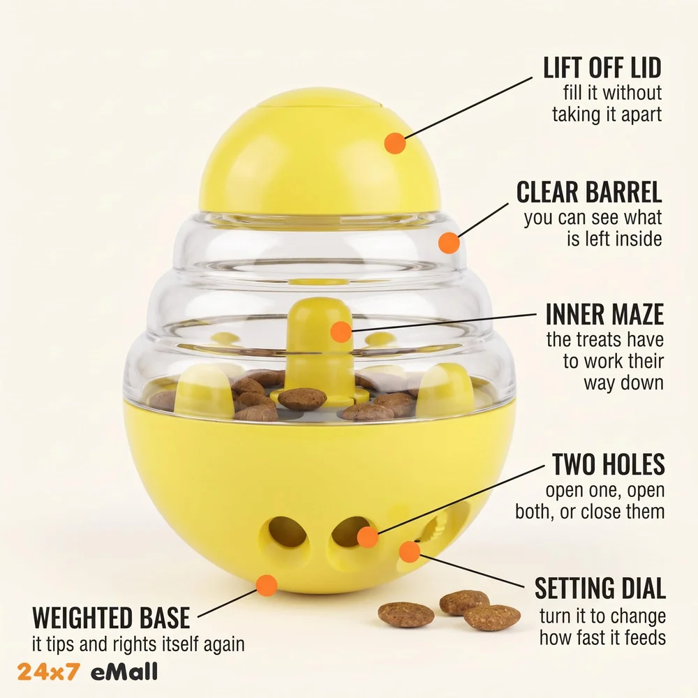 Dog Food Treat Dispenser Ball Toy, Interactive Puzzle Treat Ball, Slow Feeder Pet Food Treat Ball, Tumbler Design IQ Ball for Puppy, Cats, Dogs, and Pets Yellow