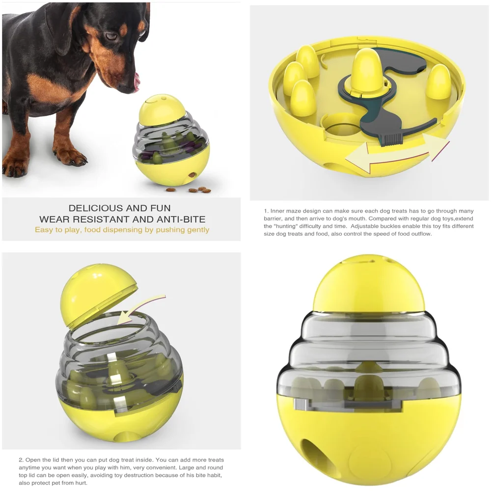 Dog Food Treat Dispenser Ball Toy, Interactive Puzzle Treat Ball, Slow Feeder Pet Food Treat Ball, Tumbler Design IQ Ball for Puppy, Cats, Dogs, and Pets Yellow