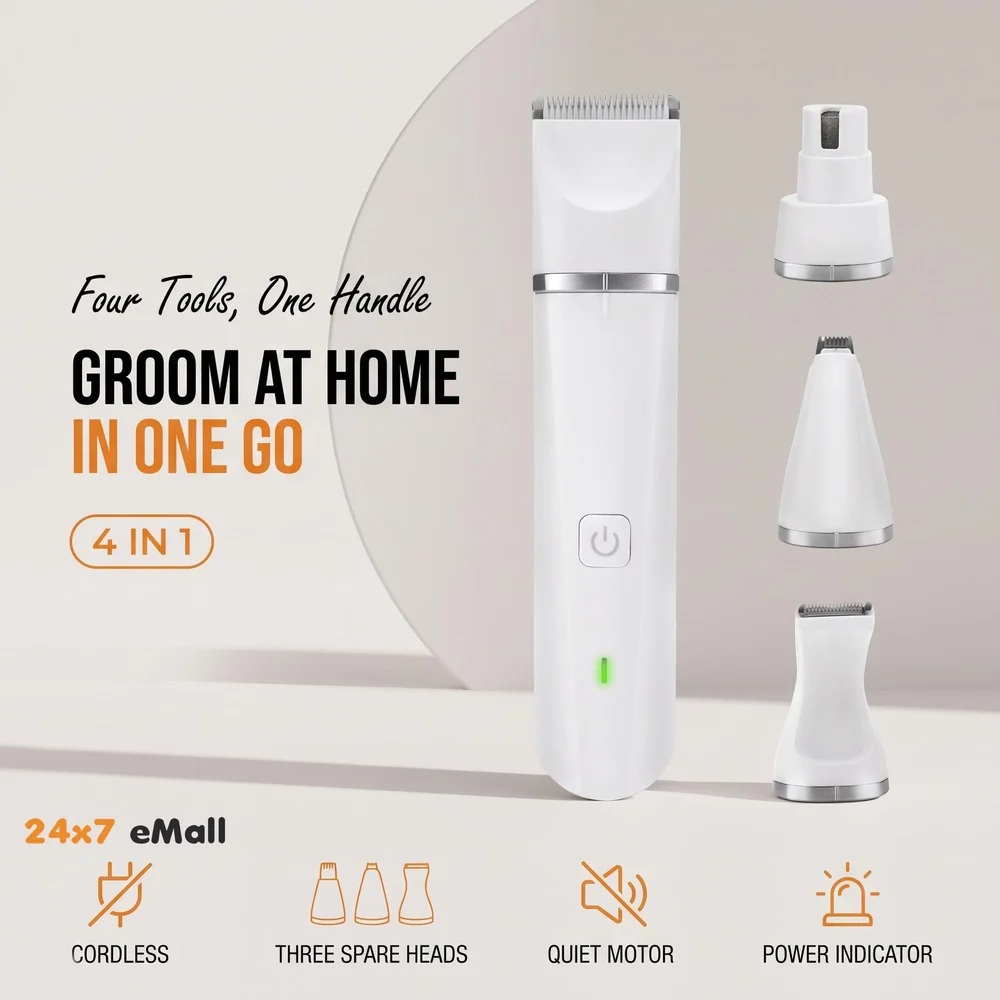 Unisex 4 in 1 Automatic Rechargeable Pet Hair Trimmer and Nail Grinder - Ear and Paw Trimmer for Dog and Cat - Cordless, Battery Powered