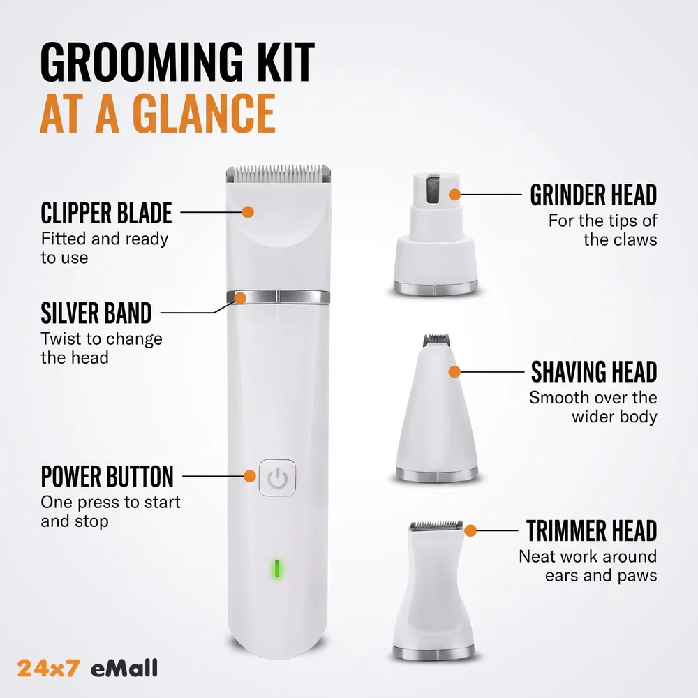 Unisex 4 in 1 Automatic Rechargeable Pet Hair Trimmer and Nail Grinder - Ear and Paw Trimmer for Dog and Cat - Cordless, Battery Powered