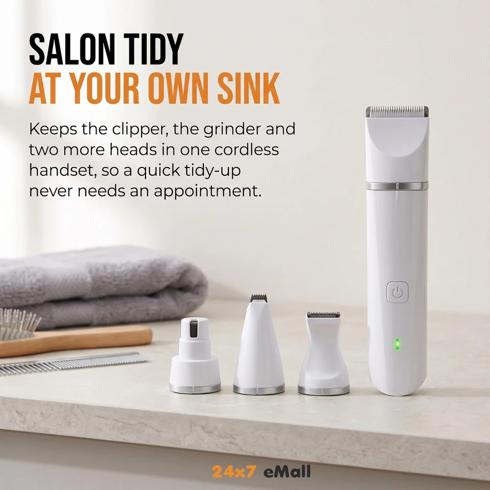 Unisex 4 in 1 Automatic Rechargeable Pet Hair Trimmer and Nail Grinder - Ear and Paw Trimmer for Dog and Cat - Cordless, Battery Powered