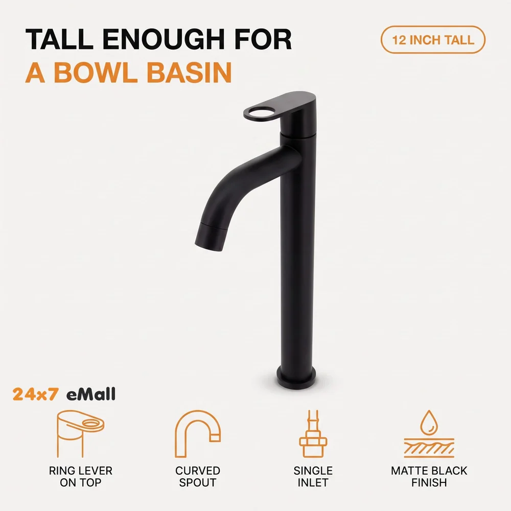 SS Extended Tall Body Pillar Cock 12''Tap Black Faucet Waterfall Single Lever, SS Material, for Wash Basin Bathroom 12 Inches Height