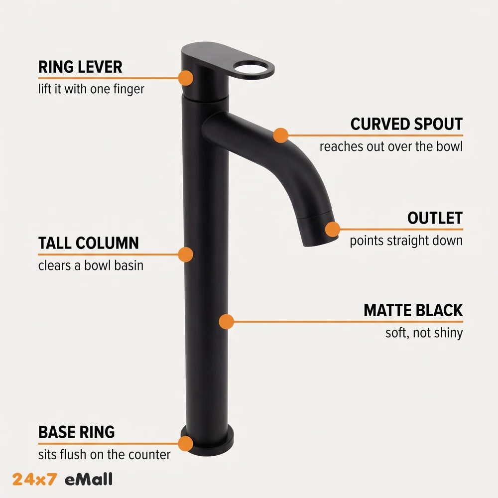 SS Extended Tall Body Pillar Cock 12''Tap Black Faucet Waterfall Single Lever, SS Material, for Wash Basin Bathroom 12 Inches Height