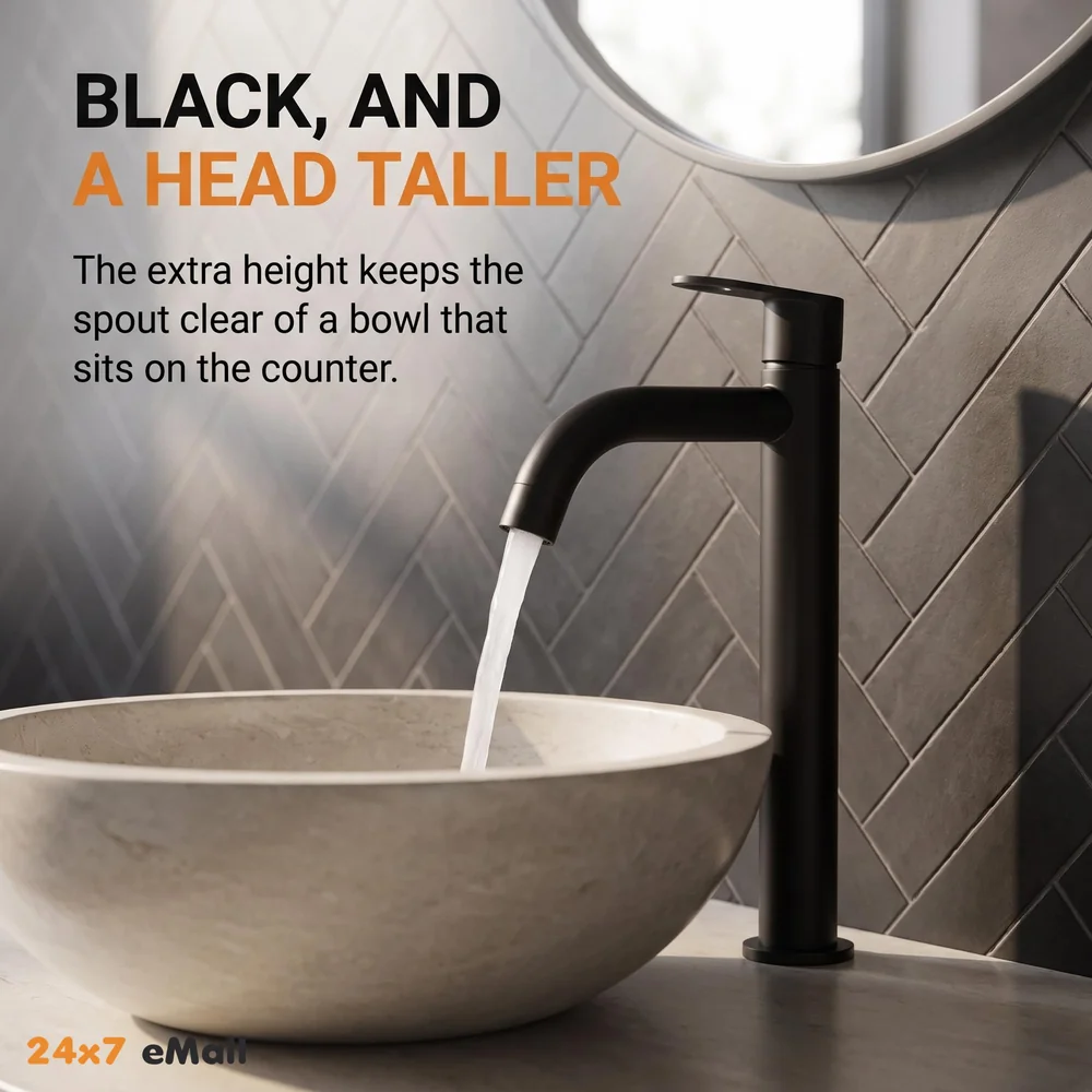 SS Extended Tall Body Pillar Cock 12''Tap Black Faucet Waterfall Single Lever, SS Material, for Wash Basin Bathroom 12 Inches Height
