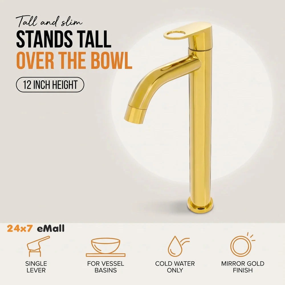 SS Extended Tall Body Pillar Cock 12'' Tap Gold Faucet Waterfall Single Lever, SS Material, Golden for Wash Basin Bathroom 12 Inches Height