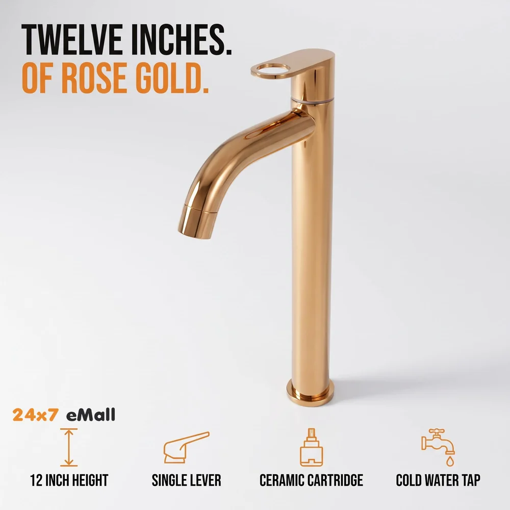 SS Tall Body Pillar Cock 12 inch Rose Gold Faucet Waterfall Tap