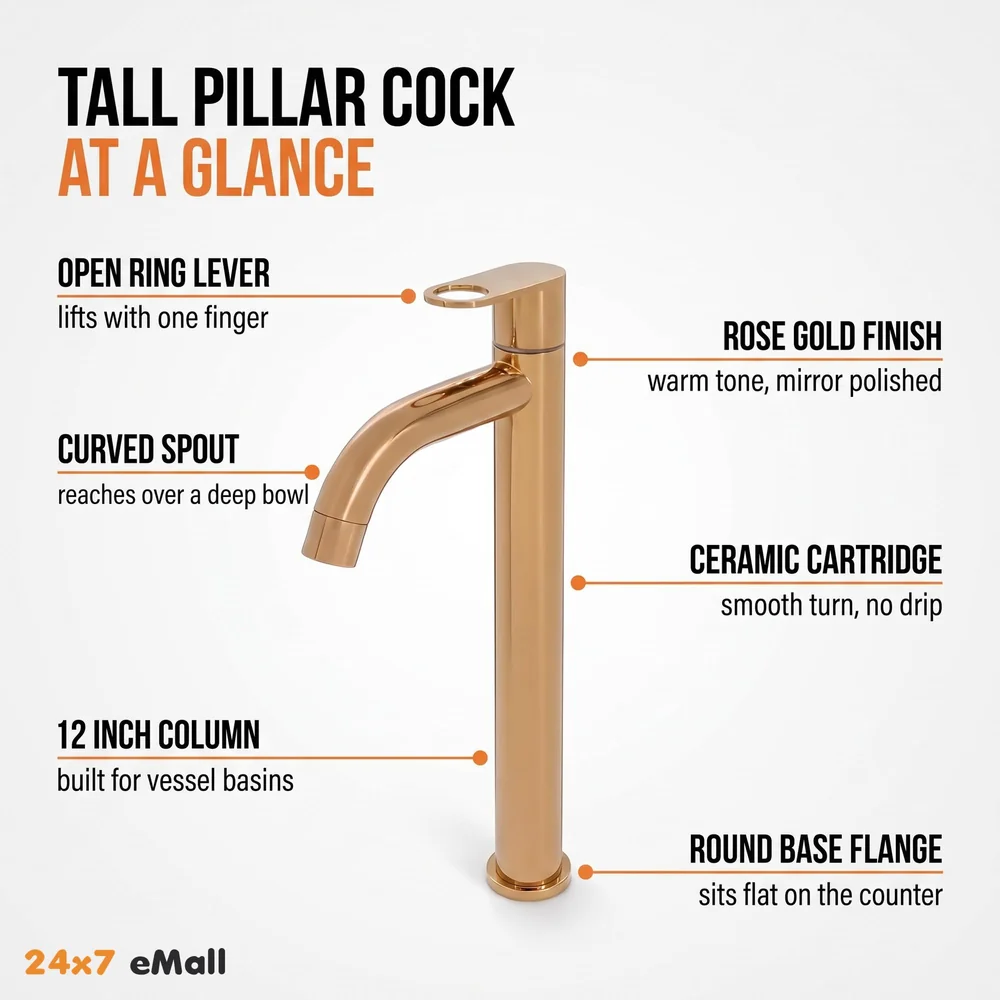 SS Tall Body Pillar Cock 12 inch Rose Gold Faucet Waterfall Tap