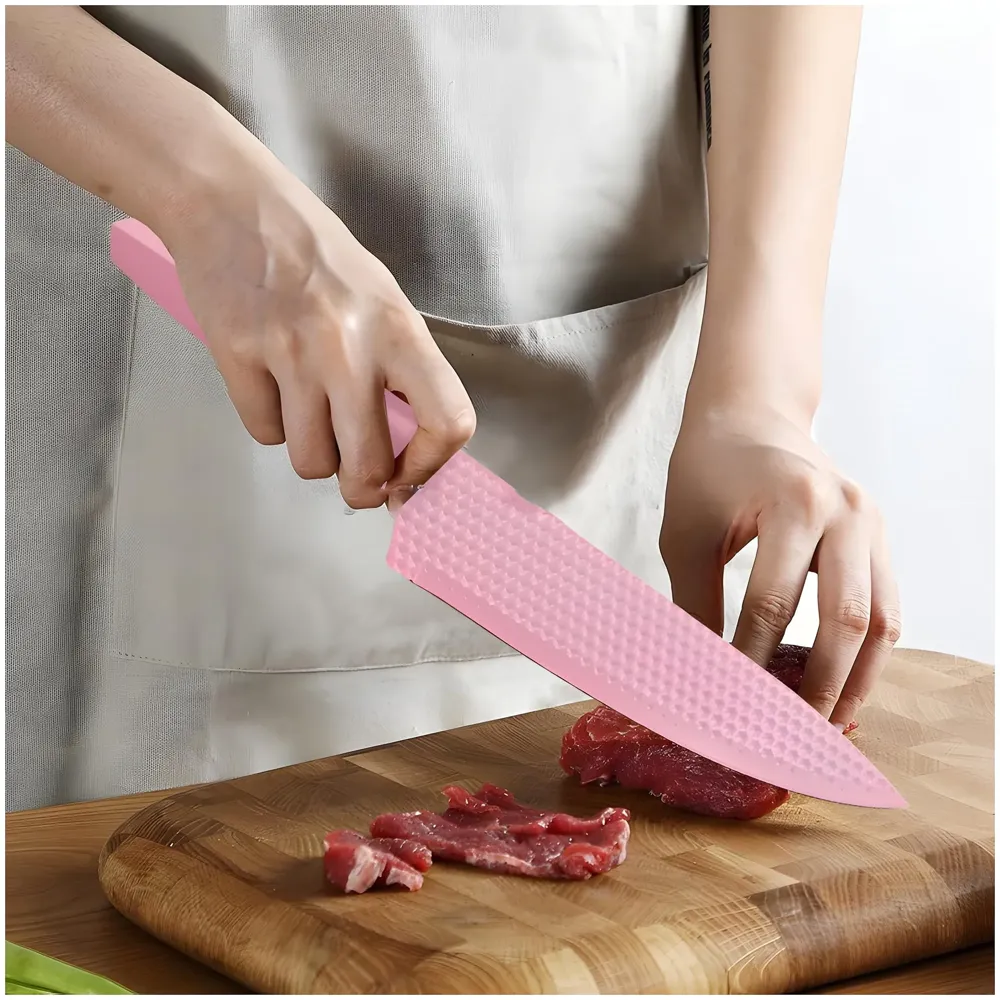 6 Pcs Knife Set Pink Knife with Groove Pattern Chef Knife High Carbon Stainless Steel Laser Knives Kitchen with Box