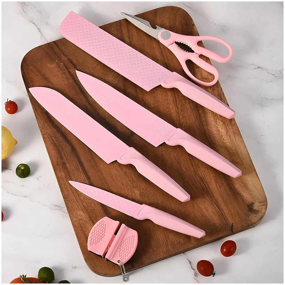 6 Pcs Knife Set Pink Knife with Groove Pattern Chef Knife High Carbon Stainless Steel Laser Knives Kitchen with Box